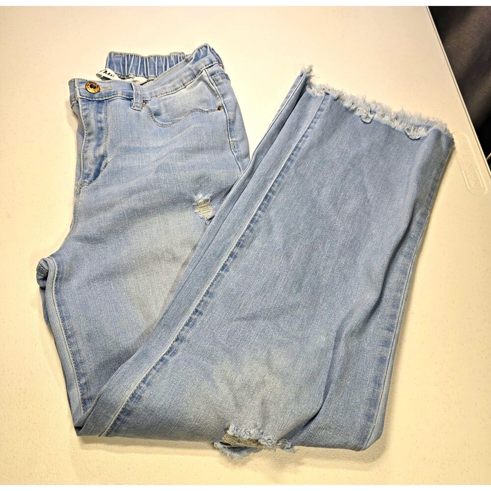 YMI girls Wide Leg Jeans Light Wash Blue Denim High Rise Stretch12/14 Distressed